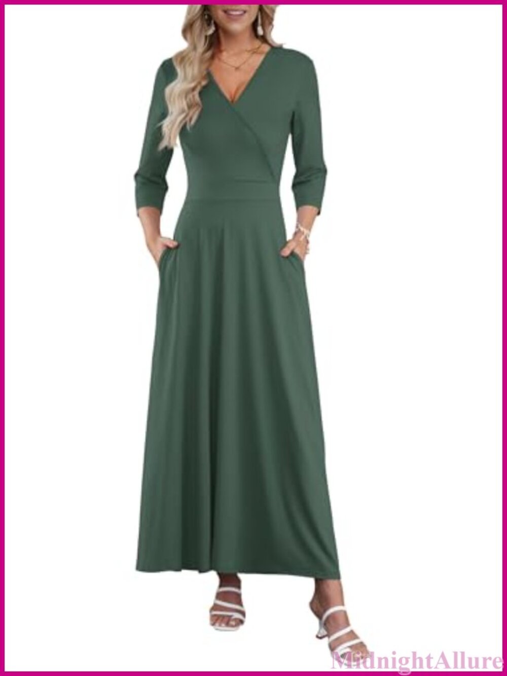 Women's 3/4 Sleeve V Neck Wrap Maxi Dress with Pockets Polyester Spandex